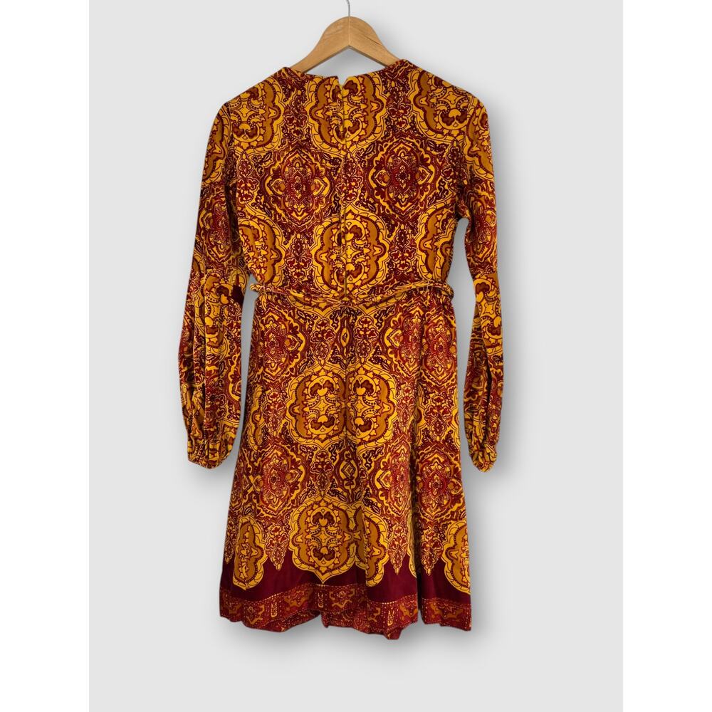 Vintage 60s 70s Medallion Print Mod Gold Burgundy Belted Boho Mini Dress - Picture 3 of 7
